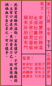 关帝灵签 第78签:下下 石崇锦丝步帐